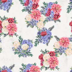 Watercolor floral seamless pattern. Hand painted flowers, greeting card template or wrapping paper