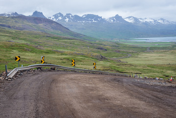 Fototapeta premium Gravel road number 939 on the Oxi mountain pass in east part of Iceland