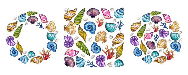 Hand painted watercolor shells template isolated on white background.