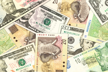 some south african rand banknotes and us-dollar banknotes indicating trade relations