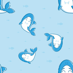 Cute seamless pattern with blue sharks and fish. Blue background. Linear style illustration. Vector.
