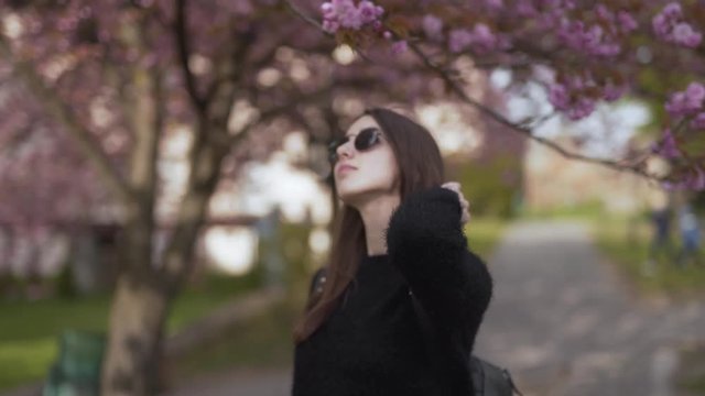 Young Caucasian Female With Sunglasses Walking in Park Under Sakura Chery Blossom Tree Fixing Her Hair and Smiles To Camera. Blurred Background