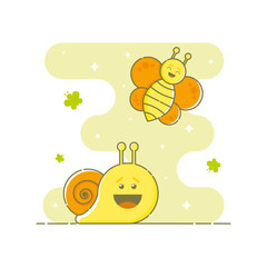 Cute laughing friends: a snail and a butterfly. Funny cartoon characters. Butterflies and sparkles in the green blob background. Linear style illustration. Vector.