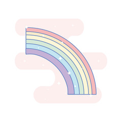 Fototapeta premium Cute rainbow. Sticker, patch, badge, pin or tattoo template. Pink blob and sparkling stars in the background. Linear style illustration. Vector.
