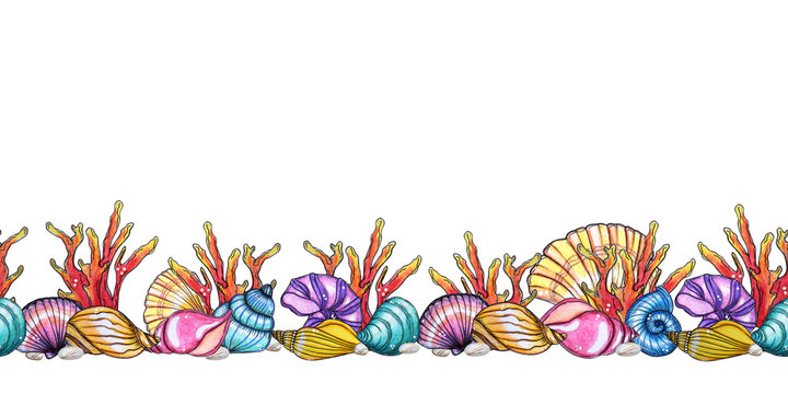 Hand painted watercolor shells template isolated on white background.