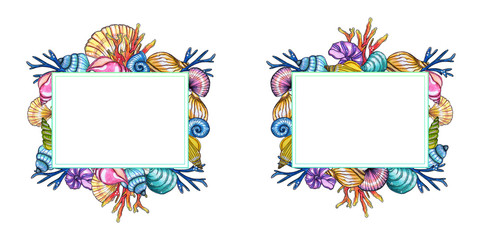 Hand painted watercolor shells and corals template isolated on white background.