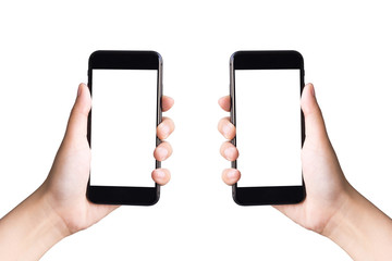 two hands holding smart phones on white background with clipping path