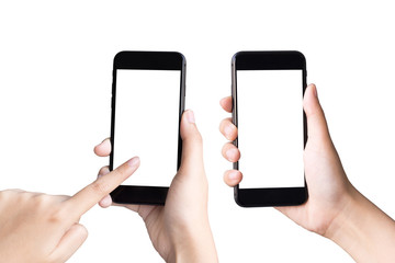 two hands holding and playing smart phones on white background with clipping path