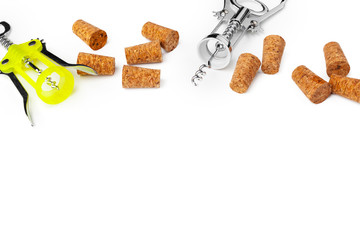 corkscrew and wine cork isolated on white background