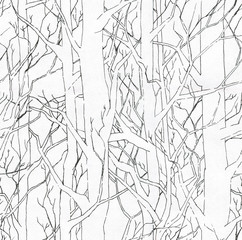 Seamless stylish pattern with hand drawn endless forest. Infinite black and white illustration