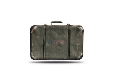Travel Vintage Leather Suitcase With New York City Sign On It . Happy 4th of July Independence Day United States Of America