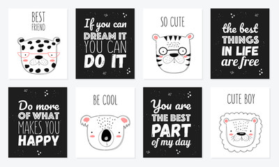 Vector postcard collection with cute doodle animals and motivation lettering phrase