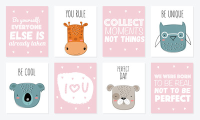 Vector postcard collection with cute doodle animals and motivation lettering phrase