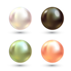 Realistic varicoloured pearls vector set. Precious pearl in sphere form. Pearl is luxury glossy stone illustration