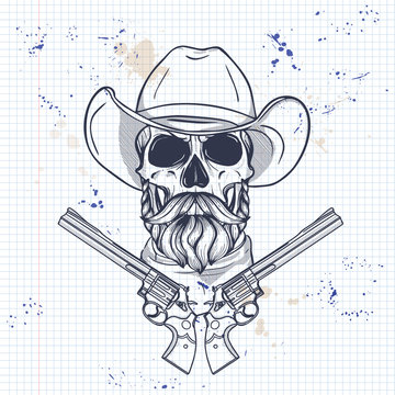 Sketch, skull with cowboy hat, neck scarf, revolver, beard and mustaches on a notebook page