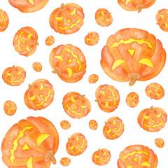 Watercolor pattern for halloween. Pumpkin, witch hat, broom, garland, lantern, bat, balls, cobweb, spider.