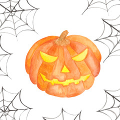 Watercolor set for halloween. Pumpkin, witch hat, broom, garland, lantern, bat, balls, cobweb, spider.