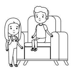 little kids couple sitting in sofa