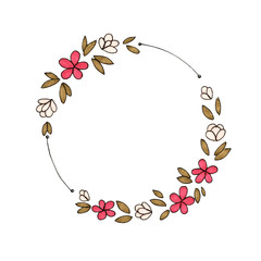 illustration markers sketch round frame of simple pink flowers and green marsh leaves. hand drawn. space for text