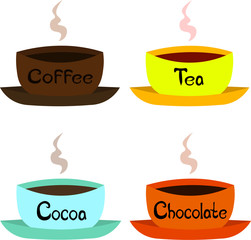 Set of vector bright bowl with drinks. Coffee, tea, kako, hot chocolate. Logo design, menu, cafe.
