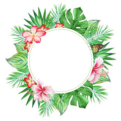 Floral card template with green tropical plants and flowwers