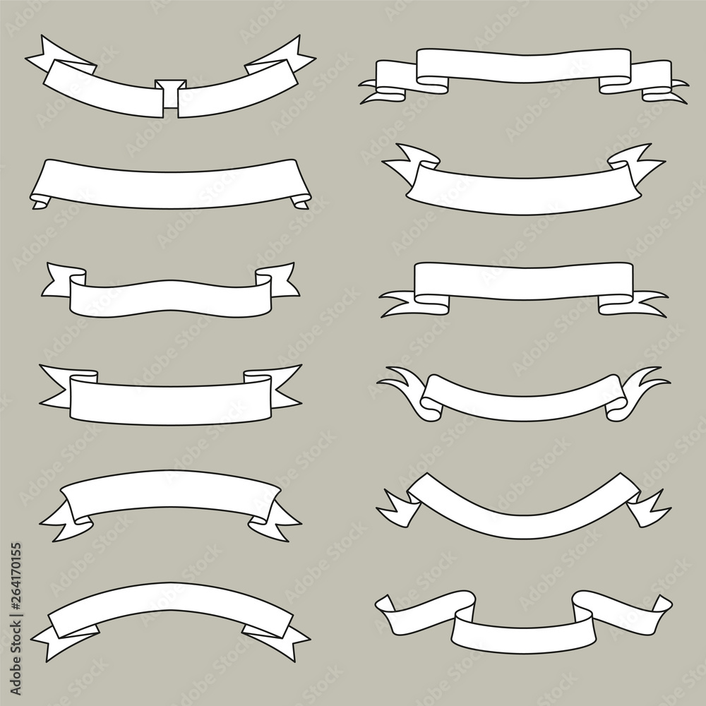 Fototapete ribbon thin line icon set. outline sign kit of text banner. decorative tape linear icons of vintage 
