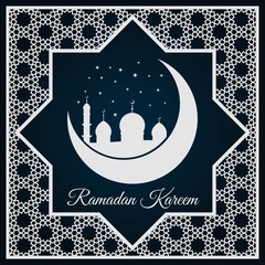 Ramadan Kareem greeting card or banner with Mosque silhouette on crescent moon and Arabic ornament, Islamic pattern. Vector illustration.