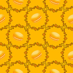 Hand drawn seamless pattern of cookies products and macaroons. Baked goods background.