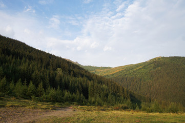 Mountain landscape with green grass against the sky. Panoramic view of the cliffs without people. Wildlife on hills and altitude.