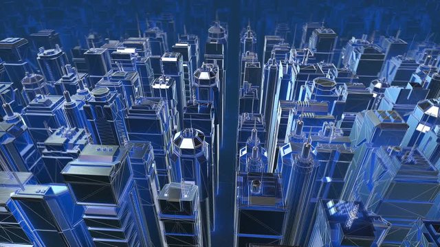 Geometric metal future cityscape. Seamless retro futuristic animation smart city concept 