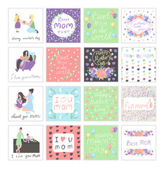 Fototapeta na wymiar big set with Scenes with mother and daughter, pattern with hearts and flowers for mother s day design template.Multicolor mother day set with inscriptions,Woman And Child.