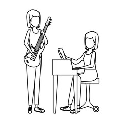 women playing grand piano and guitar electric