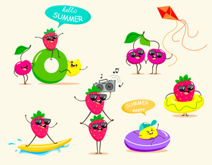Funny and bright fruits in a cartoon style and kawaii style for summer holidays. Vector fruit isolates. Summer berries