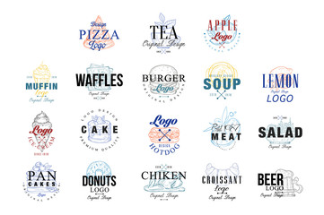 Fototapeta na wymiar Food logo design set, muffin, waffles, burger, cake, hotdog, pancakes, donut, chiken, ice crem emblems for cafe, restaurant, cooking business, food shop, brand identity vector Illustrations