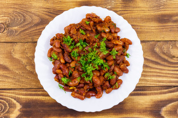 Traditional georgian kidney beans dish lobio on wooden table