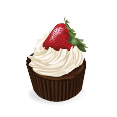 Chocolate Strawberry Cupcake. Holiday. Sweet dessert. Cake, cupcake. 3d realistic vector 