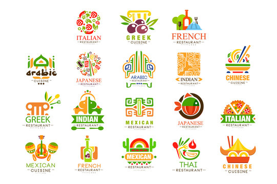 Continental Cuisine Logo Design Set, Italian, Greek, French, Japanese, Mexican Authentic Traditional Continental Food Labels Vector Illustrations