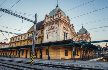 Naklejka na ściany i meble Main Railway Station building in Pilsen city, Czech Republic
