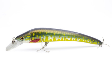 Bait for fishing wobbler with hooks on a white background