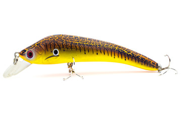 Bait for fishing wobbler with hooks on a white background