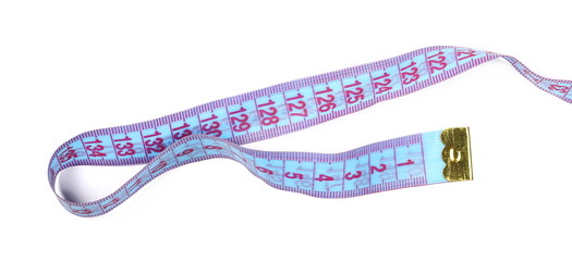 Metric measuring tape isolated on white background, top view