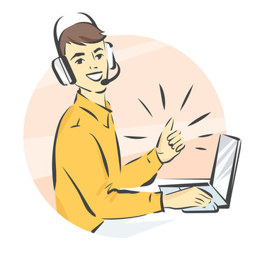 Call center support, man in handsfree headphones working on laptop and showing thumb up isolated illustration