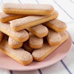 Savoiardi or ladyfingers cookies on a pink plate on cloth, side view. Close-up.