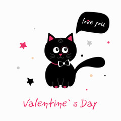 Postcard with cute black cat with speech bubble. Valentine's Day concept.