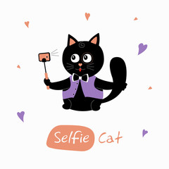 Postcard with cute selfie cat. Fashion cat taking pictures with a monopod