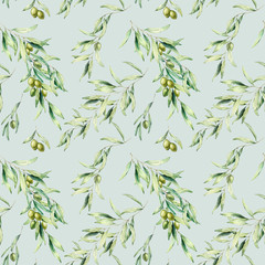 Watercolor seamless pattern with olive tree branch, leaves and green olives. Hand painted botanical illustration isolated on pastel blue background for design, print, fabric or background.