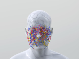 artificial man with bound mouth and eyes