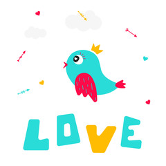Cute bird with love. Valentine's day postcard 