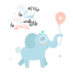 Color hand drawn vector character. Happy and smile elephant with lettering