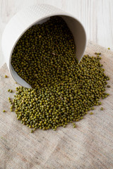 Raw green mung beans in a bowl, side view. Close-up.